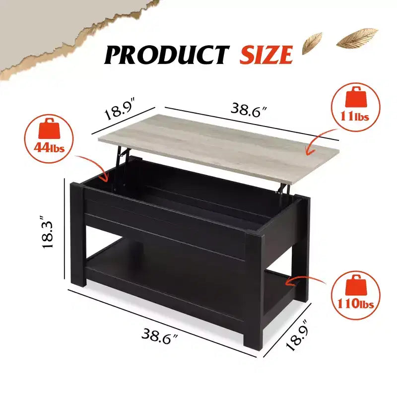 39" Lift Top Coffee Table with Hidden Compartment & Storage Shelf