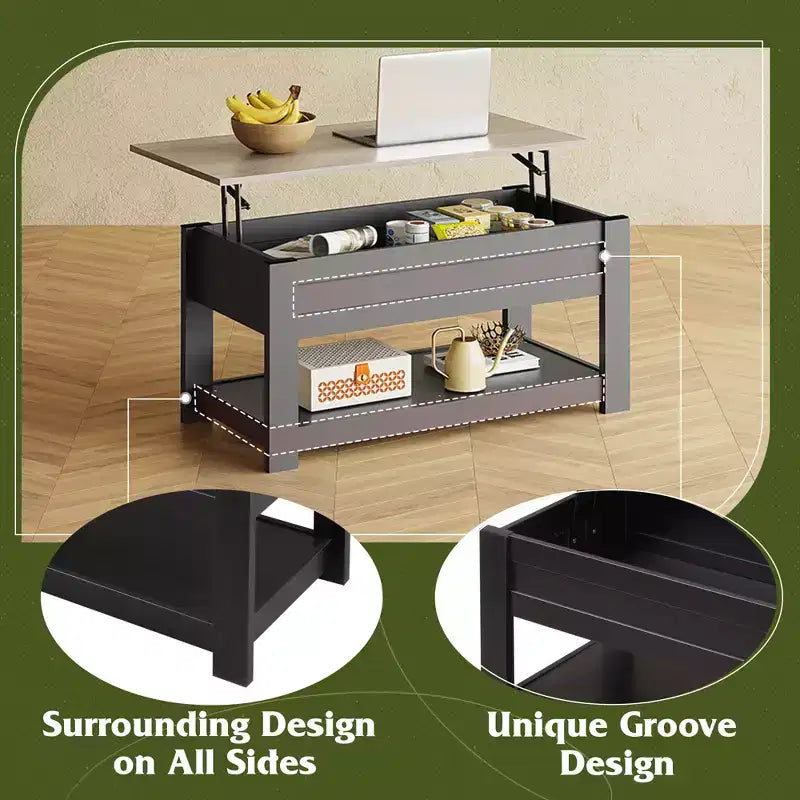 39" Lift Top Coffee Table with Hidden Compartment & Storage Shelf