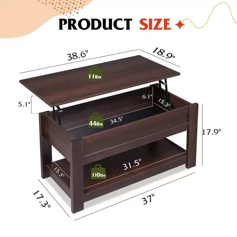 39" Lift Top Coffee Table with Hidden Compartment & Storage Shelf