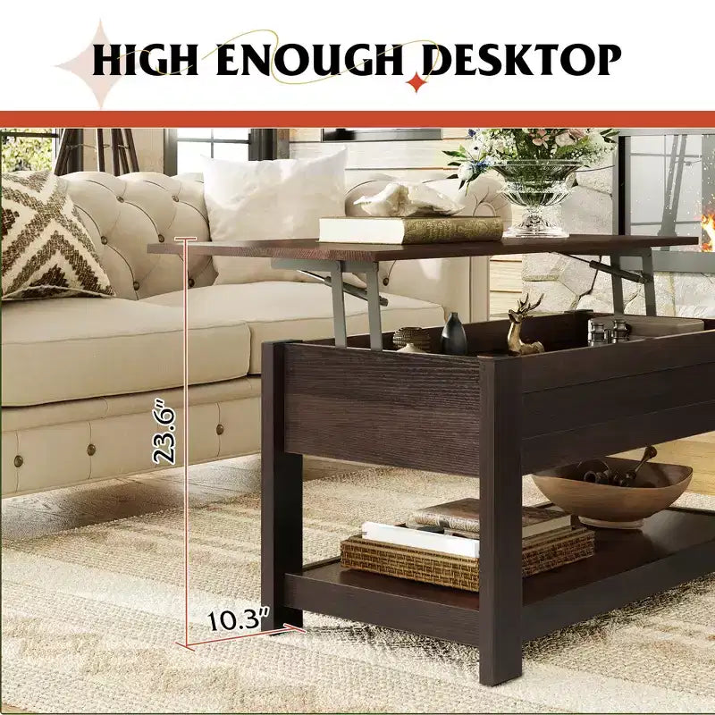 39" Lift Top Coffee Table with Hidden Compartment & Storage Shelf