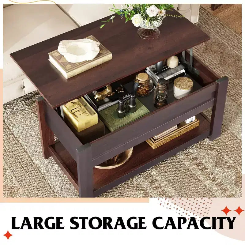 39" Lift Top Coffee Table with Hidden Compartment & Storage Shelf