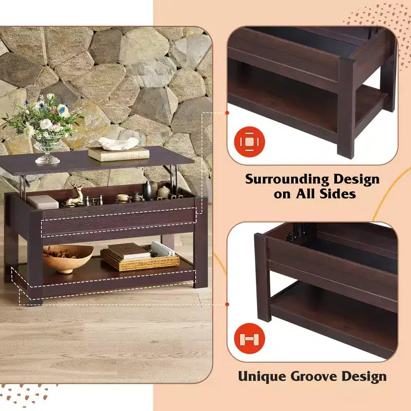 39" Lift Top Coffee Table with Hidden Compartment & Storage Shelf