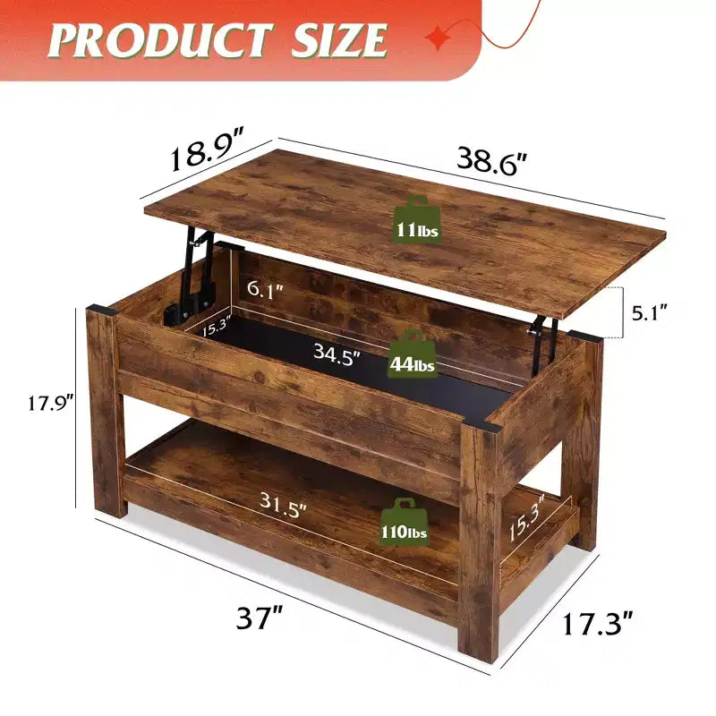 39" Lift Top Coffee Table with Hidden Compartment & Storage Shelf