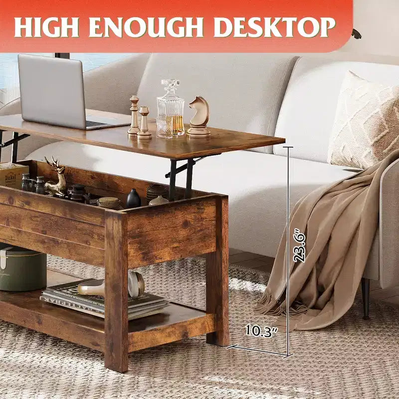 39" Lift Top Coffee Table with Hidden Compartment & Storage Shelf