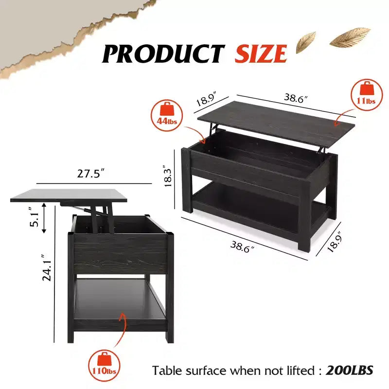 39" Lift Top Coffee Table with Hidden Compartment & Storage Shelf