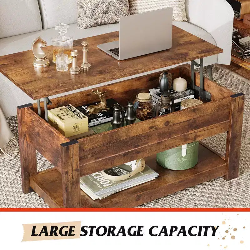 39" Lift Top Coffee Table with Hidden Compartment & Storage Shelf