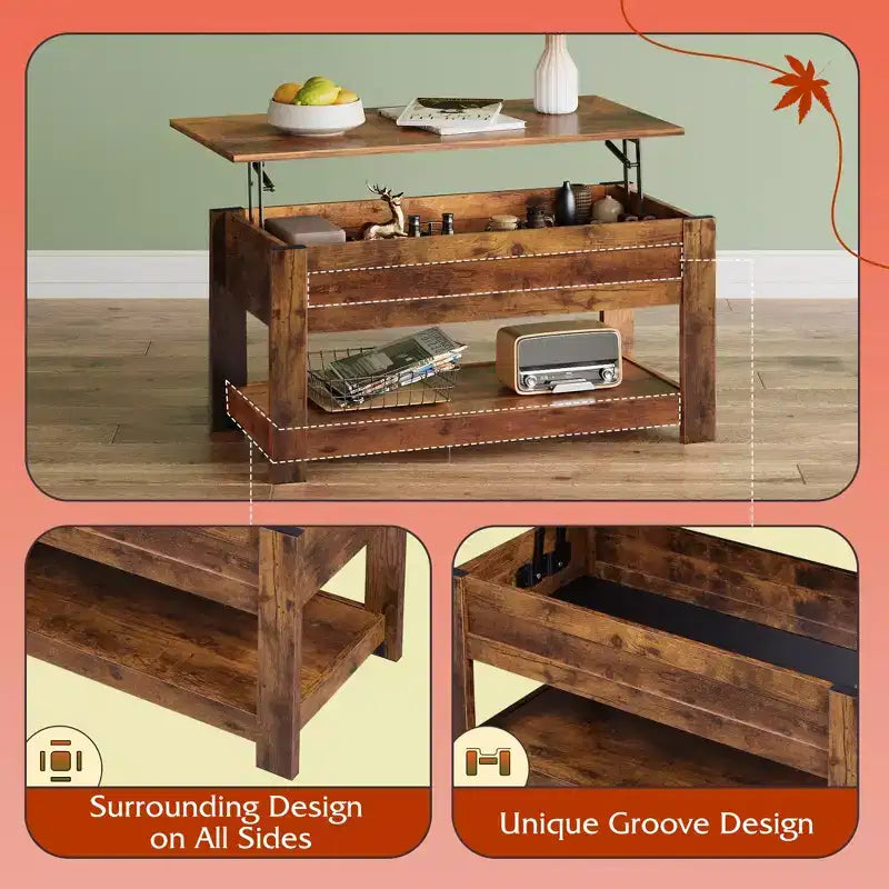 39" Lift Top Coffee Table with Hidden Compartment & Storage Shelf