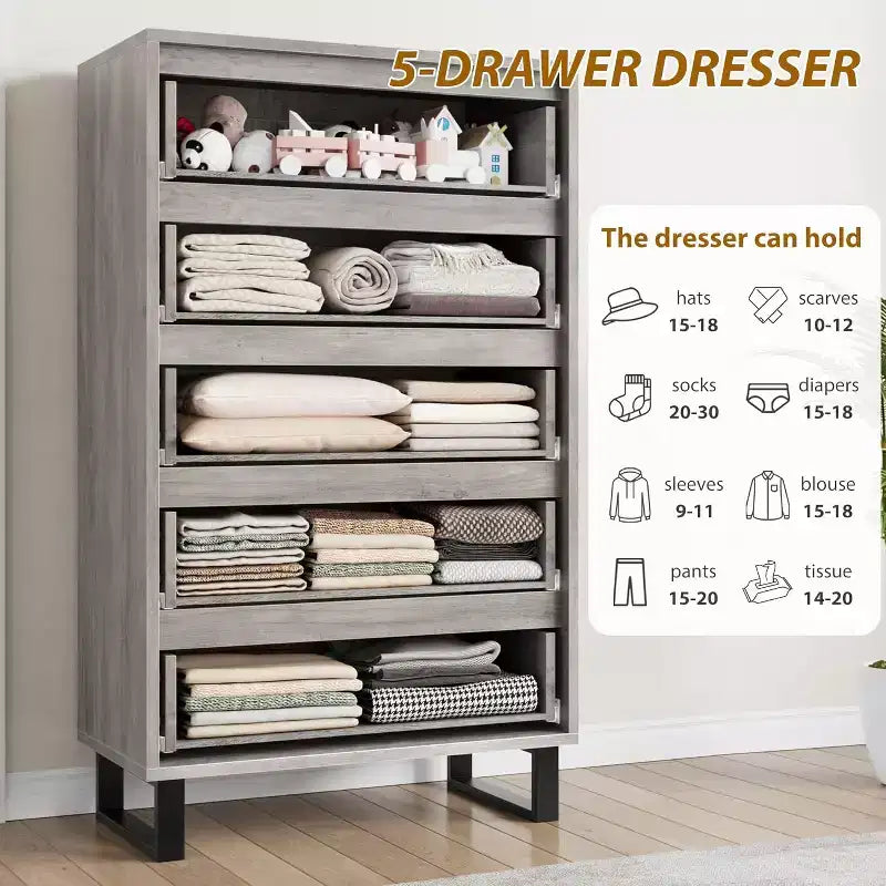 Freestanding Elegant Tall Storage Dresser with 5 Drawers