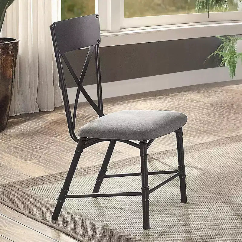 Set of 2 Fabric Upholstered Side Chairs with X-Shape Backrest in Gray and Sandy Black