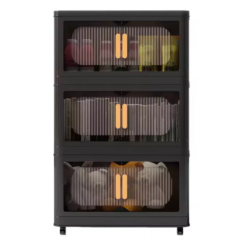 MAYEERTY 3 Tiers Plastic Folding Storage Cabinets with Magnetic Doors Wheels, Closet Organizers and Storage Containers Black for Small Space
