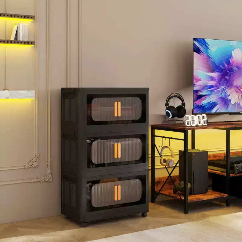 3 Tiers Plastic Folding Storage Cabinet with Magnetic Door & Wheels, Black