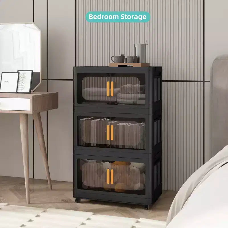 3 Tiers Plastic Folding Storage Cabinet with Magnetic Door & Wheels, Black