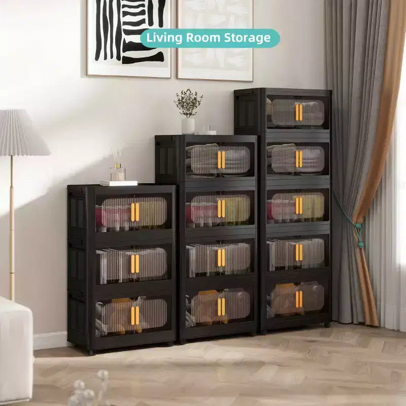 3 Tiers Plastic Folding Storage Cabinet with Magnetic Door & Wheels, Black