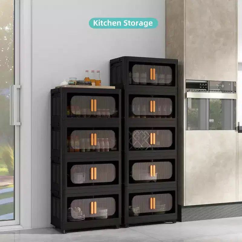 3 Tiers Plastic Folding Storage Cabinet with Magnetic Door & Wheels, Black