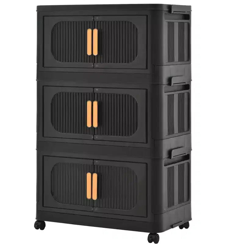 3 Tiers Plastic Folding Storage Cabinet with Magnetic Door & Wheels, Black