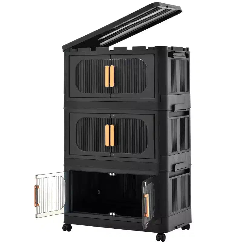 3 Tiers Plastic Folding Storage Cabinet with Magnetic Door & Wheels, Black