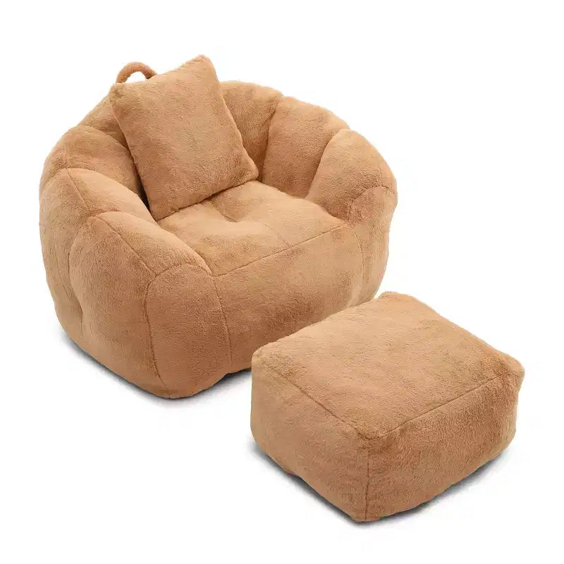 Giant Bean Bag Chair with Footstool, Oversized for Adults & Kids, Faux Fur Shell-Shaped
