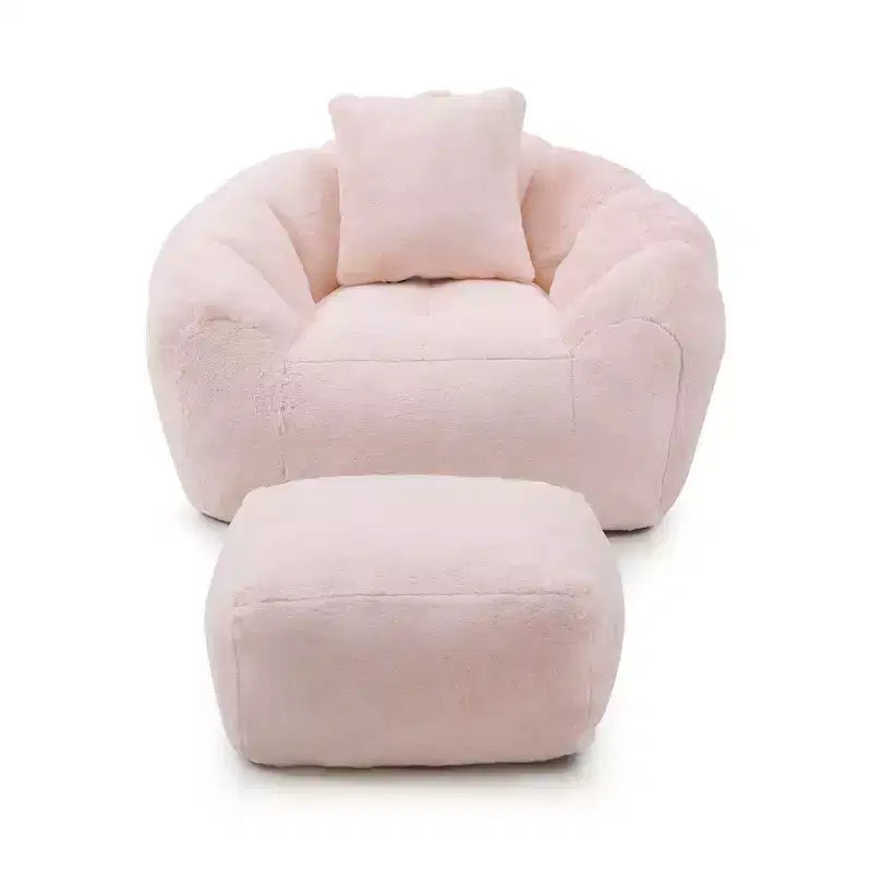 Giant Bean Bag Chair with Footstool, Oversized for Adults & Kids, Faux Fur Shell-Shaped