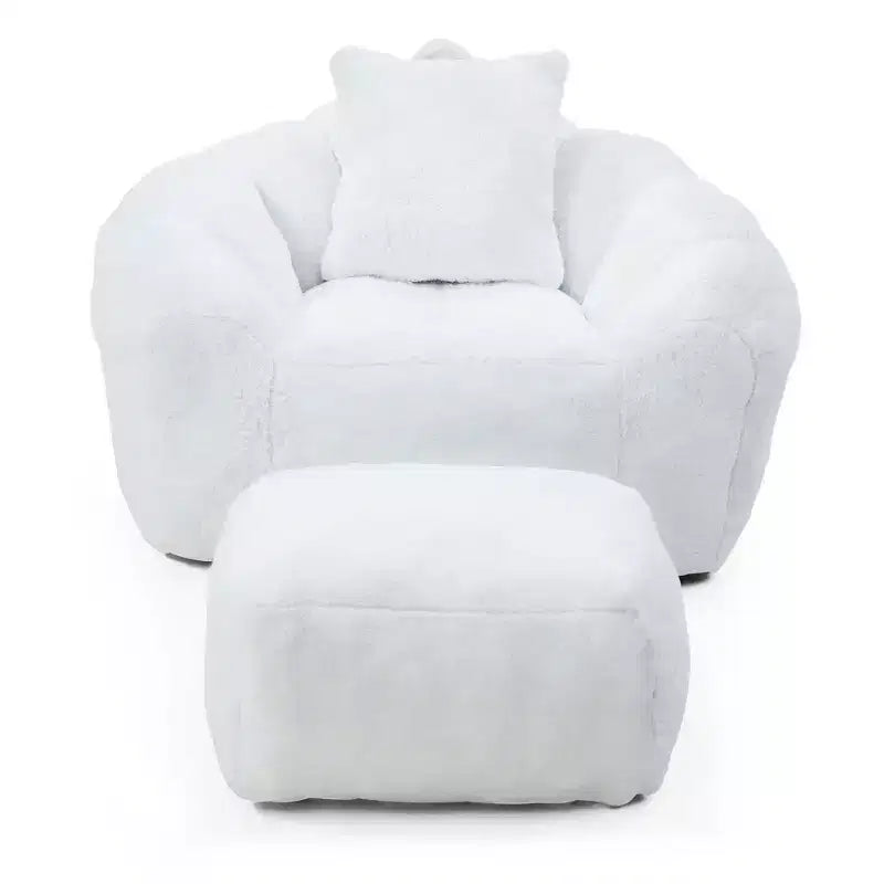 Giant Bean Bag Chair with Footstool, Oversized for Adults & Kids, Faux Fur Shell-Shaped