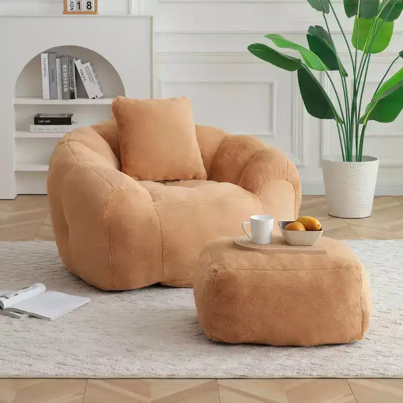 Giant Bean Bag Chair with Footstool, Oversized for Adults & Kids, Faux Fur Shell-Shaped