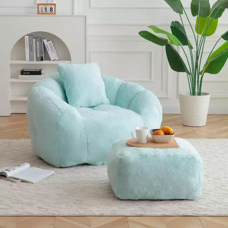 Giant Bean Bag Chair with Footstool, Oversized for Adults & Kids, Faux Fur Shell-Shaped