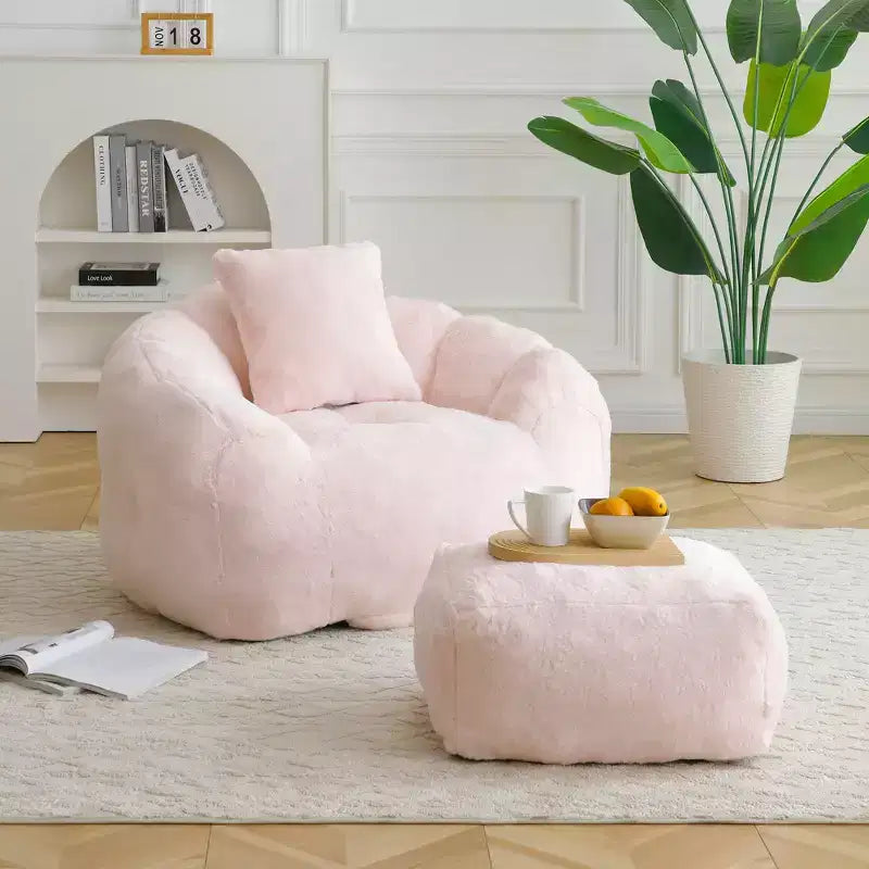 Giant Bean Bag Chair with Footstool, Oversized for Adults & Kids, Faux Fur Shell-Shaped