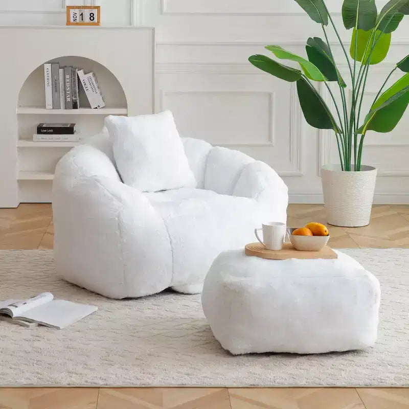 Giant Bean Bag Chair with Footstool, Oversized for Adults & Kids, Faux Fur Shell-Shaped