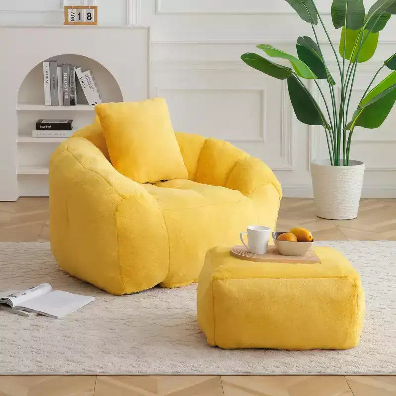 Giant Bean Bag Chair with Footstool, Oversized for Adults & Kids, Faux Fur Shell-Shaped