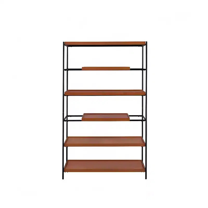 HomeRoots 70 Oak And Black Metal and Wood Six Tier Etagere Bookcase