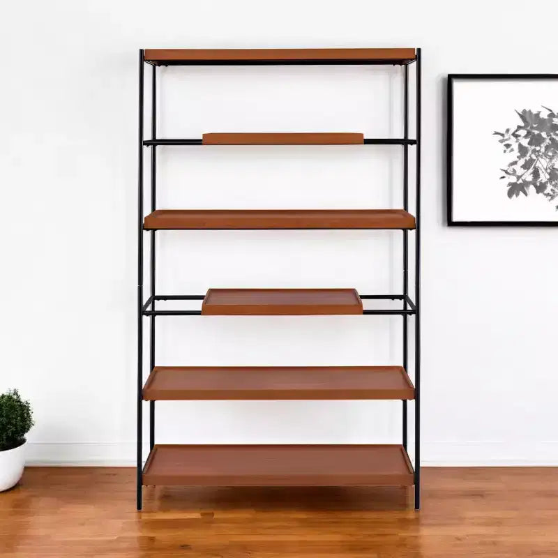 70" Oak & Black Metal 6-Tier Etagere Bookcase