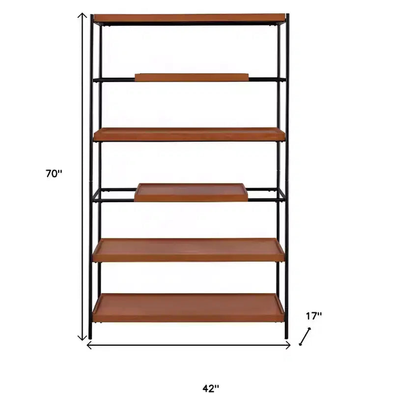70" Oak & Black Metal 6-Tier Etagere Bookcase