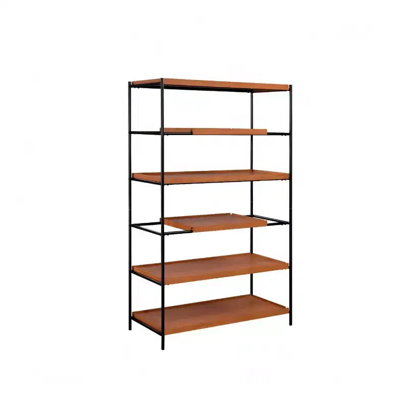 70" Oak & Black Metal 6-Tier Etagere Bookcase