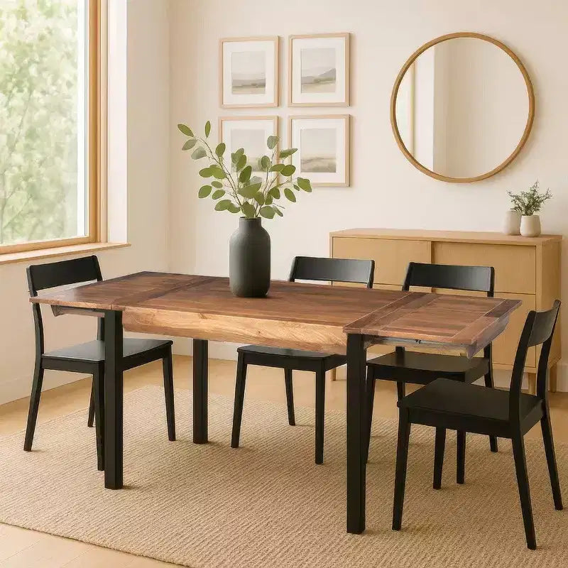 83 Inch Extendable Rectangular Dining Table, Handcrafted Mango Wood Top with Iron Legs