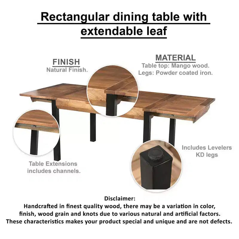 83 Inch Extendable Rectangular Dining Table, Handcrafted Mango Wood Top with Iron Legs