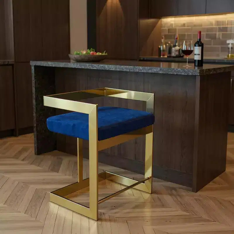 26" Blue and Gold Metal Velvet Low Back Counter Height Bar Chair