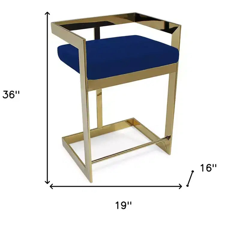 26" Blue and Gold Metal Velvet Low Back Counter Height Bar Chair