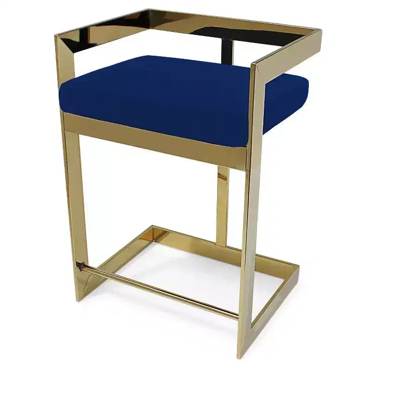 26" Blue and Gold Metal Velvet Low Back Counter Height Bar Chair