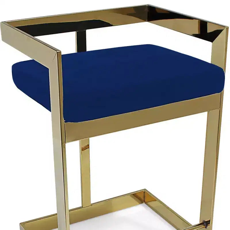 26" Blue and Gold Metal Velvet Low Back Counter Height Bar Chair
