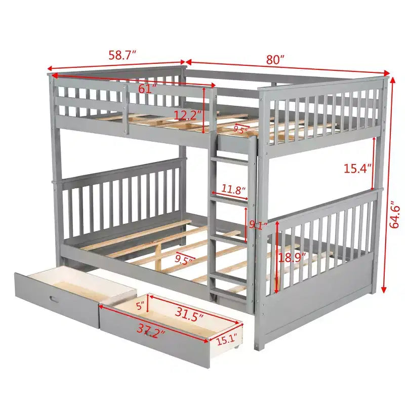 Full-Over-Full Bunk Bed with Ladder, 2 Drawers and Safety Guardrail