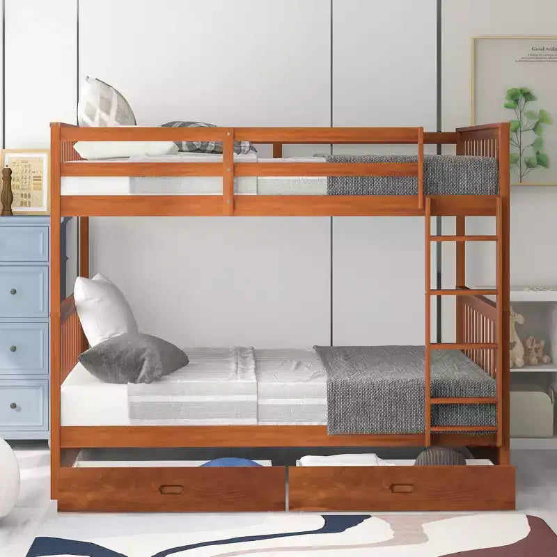 Full-Over-Full Bunk Bed with Ladder, 2 Drawers and Safety Guardrail