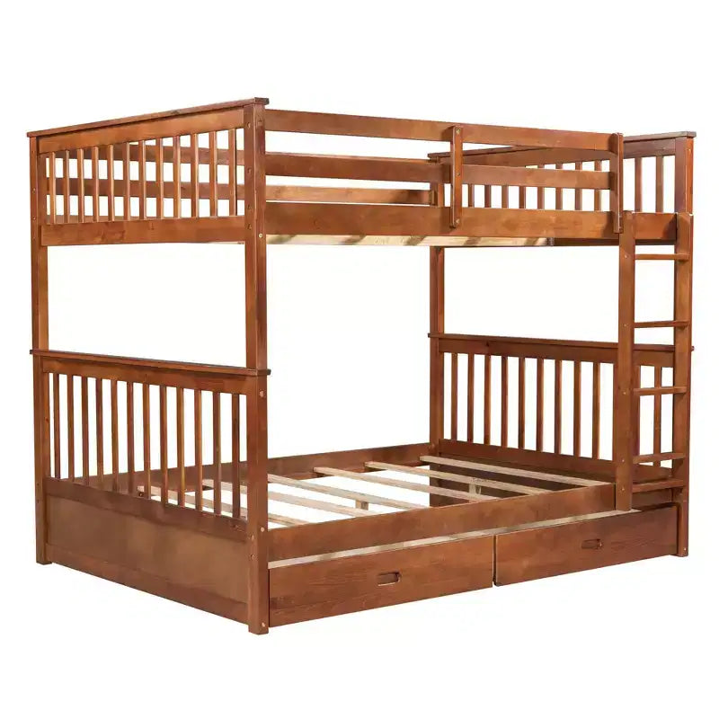 Full-Over-Full Bunk Bed with Ladder, 2 Drawers and Safety Guardrail
