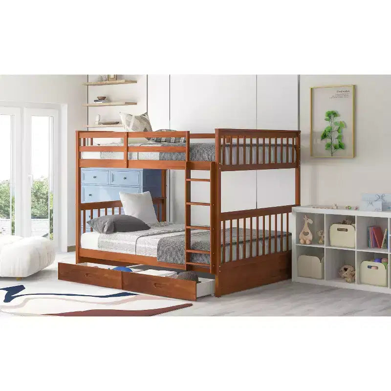 Full-Over-Full Bunk Bed with Ladder, 2 Drawers and Safety Guardrail