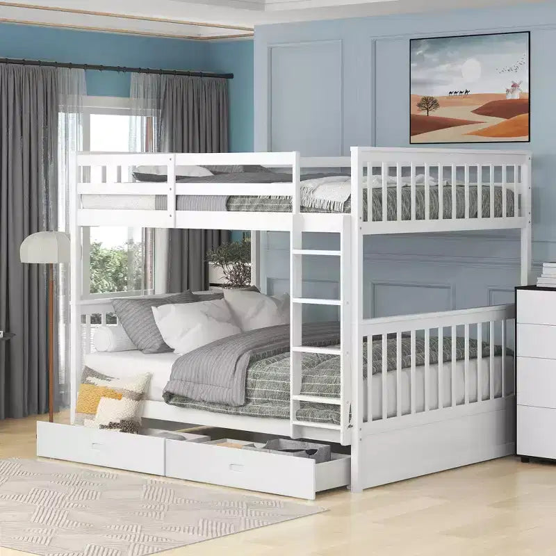 Full-Over-Full Bunk Bed with Ladder, 2 Drawers and Safety Guardrail