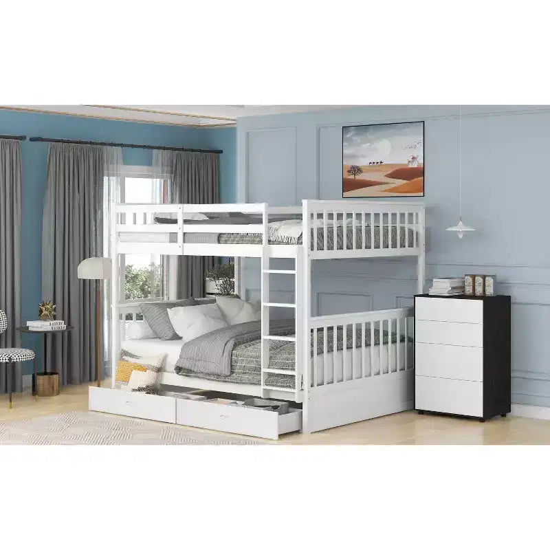 Full-Over-Full Bunk Bed with Ladder, 2 Drawers and Safety Guardrail