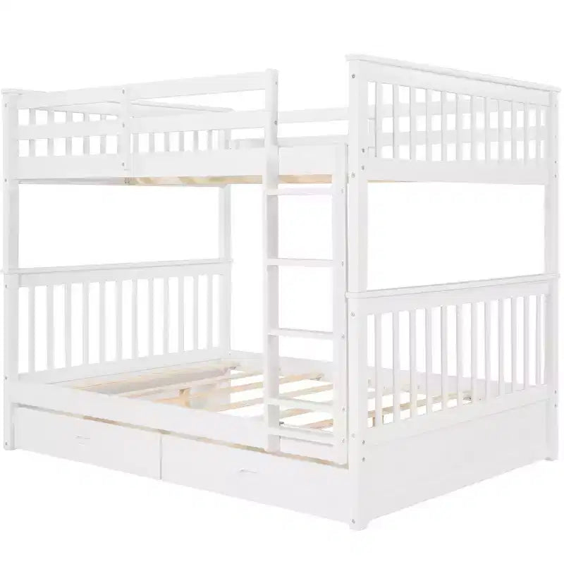 Full-Over-Full Bunk Bed with Ladder, 2 Drawers and Safety Guardrail