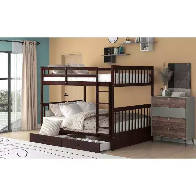 Full-Over-Full Bunk Bed with Ladder, 2 Drawers and Safety Guardrail