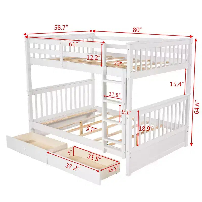 Full-Over-Full Bunk Bed with Ladder, 2 Drawers and Safety Guardrail