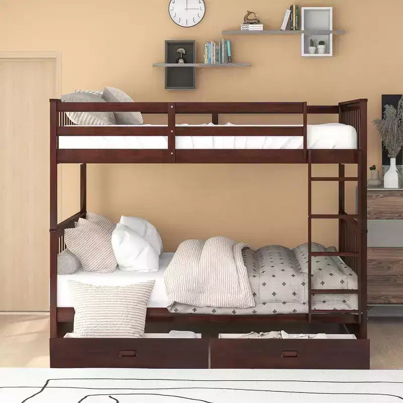Full-Over-Full Bunk Bed with Ladder, 2 Drawers and Safety Guardrail