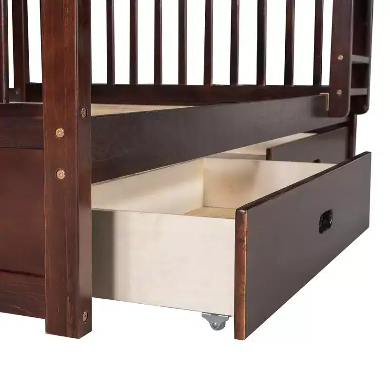 Full-Over-Full Bunk Bed with Ladder, 2 Drawers and Safety Guardrail