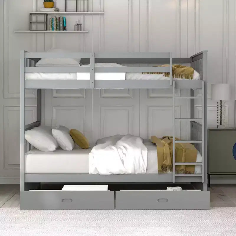 Full-Over-Full Bunk Bed with Ladder, 2 Drawers and Safety Guardrail